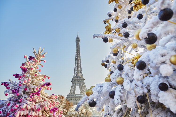 Christmas tree covered with snow near the Eiffel tower in Paris, France 