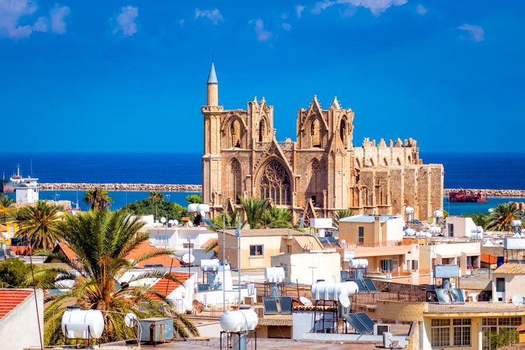 Lala Mustafa Pasha Mosque and Famagusta town on a bright afternoon