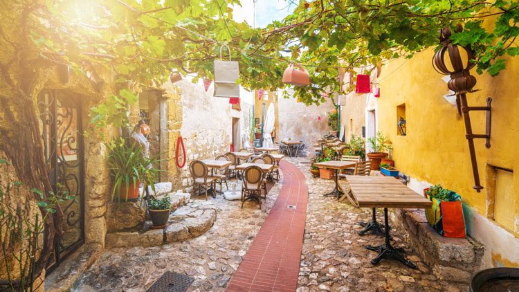 Beautiful street in medieval Eze village at french Riviera coast