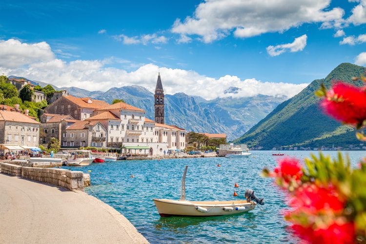 Historic town of Perast at Bay of Kotor in summer, Montenegro