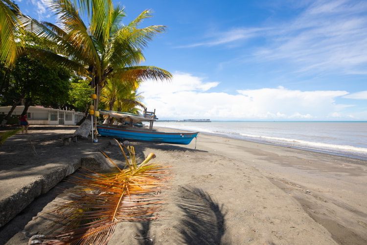 A white sand beach in Puerto Armuelles with palm trees and a blue boat