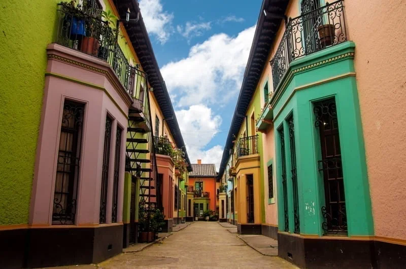 Bright colorful historic buildins in Los Martires neighborhood in Bogota, Colombia.