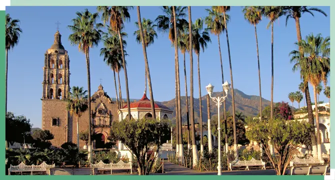 Alamos, a beautiful colonial town in Mexico with palm trees and a church in the background