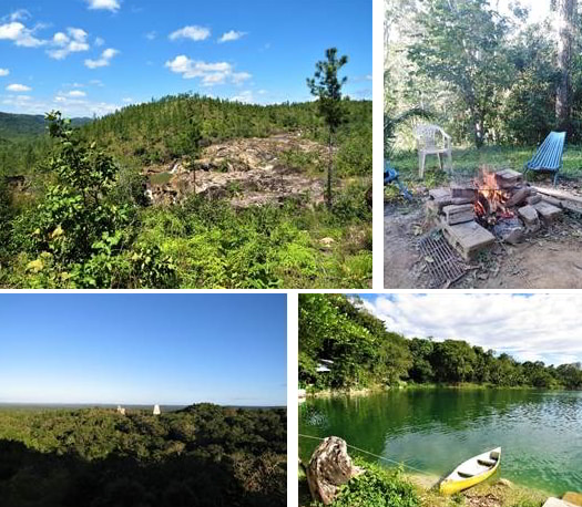 Images of Belize's landscapes including a forest and a lake