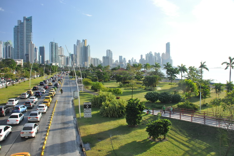 Panama City with high skyscrapers and port on the Pacific coast