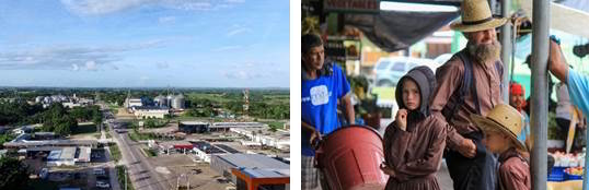 To the left an image of Spanish Lookout and to the right an image of a Mennonite family living in Belize