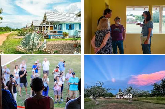 Four images, two of houses in Carmelita Gardens and two of people in a Carmelita Gardens tour