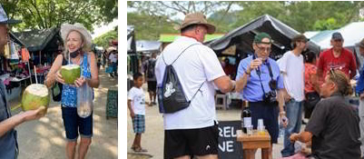 To the left a lady drinking coconut water to the right men buying souvenirs in Belize