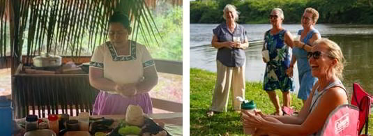 A woman cooking in the left picture and four people enjoying a Belize lake in the right picture