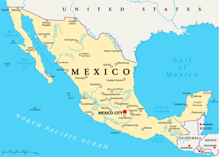 A map of Mexico with the most important regions of the country.