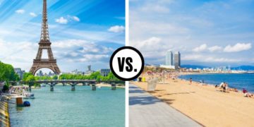 Paris, France to the left and Barcelona, Spain to the right