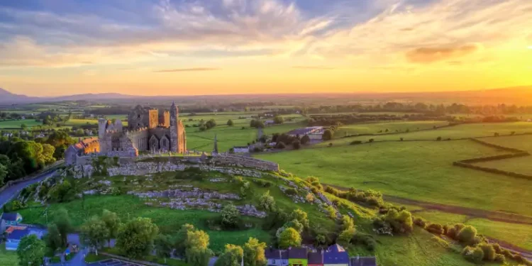 group of Medieval buildings set on limestone.