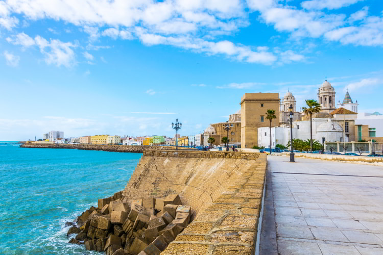 Seaside view of Cadiz in Spain including local cathedral