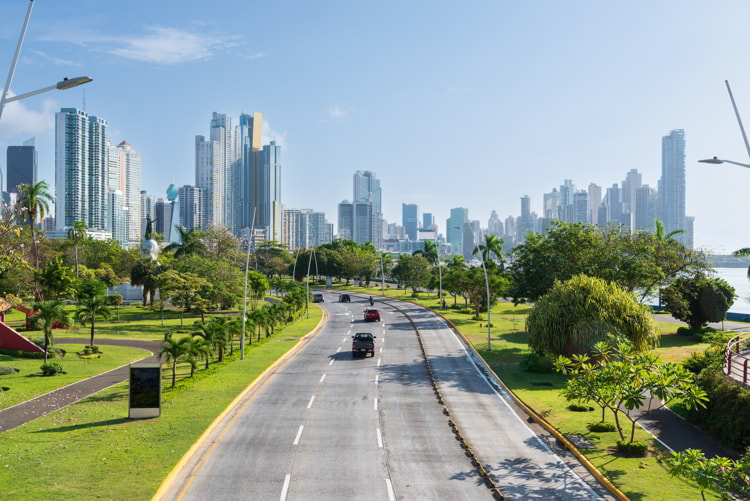 View of balboa avenue in Panama City, Panama with the skyline of skyscrapers in the background
