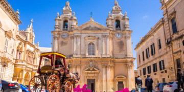 Town square and Saint Poul Cathedral in Mdina village of Malta in Europe. travel in malta