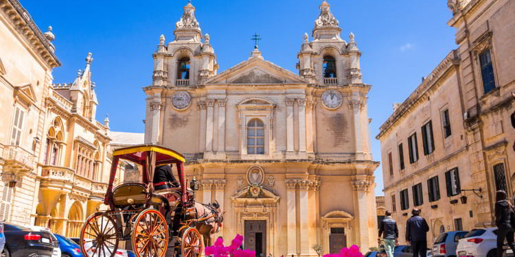 Town square and Saint Poul Cathedral in Mdina village of Malta in Europe. travel in malta