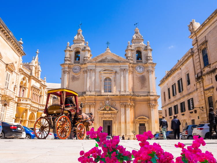 Town square and Saint Poul Cathedral in Mdina village of Malta in Europe. travel in malta