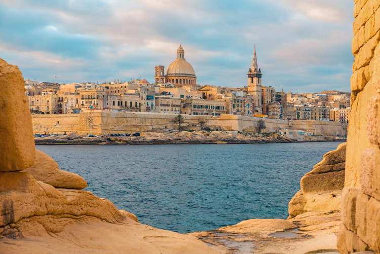 View of Valletta, Malta old town skyline from Sliema city on the other side of Marsans harbor 