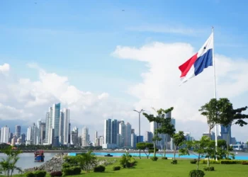 Skyline with green grass and flag in Panama