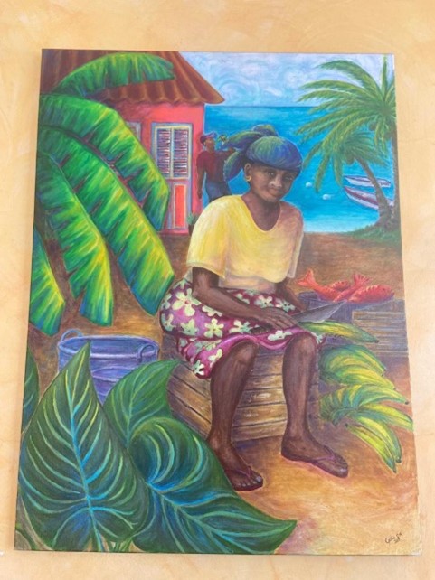A Caribbean woman with fish and plantains painted by Cynthia 