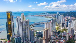 Avenida Balboa in Panama City, Panama with the skyscrapers and the sea