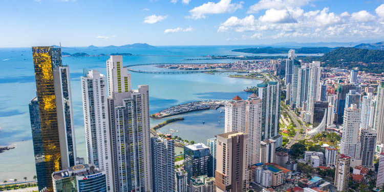 Avenida Balboa in Panama City, Panama with the skyscrapers and the sea