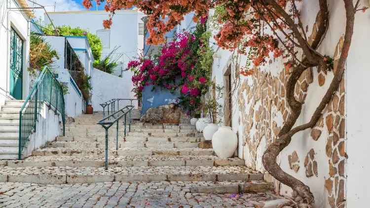 Colorful street of village in Faro, Portugal