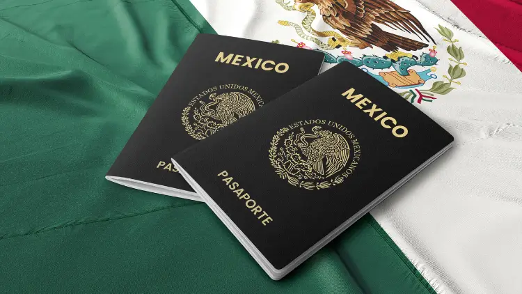 Mexico passport on the flag of Mexico. la paz
