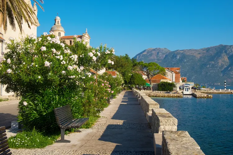 sunny street in Prcanj, Kotor Bay Montenegro