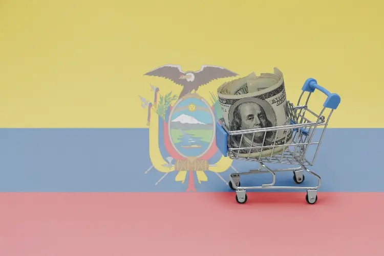 shopping car with dollar money banknote over the national flag of ecuador