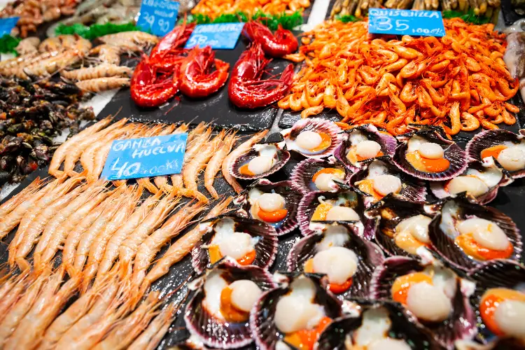 Fresh Seafood stall in Spanish fish market 