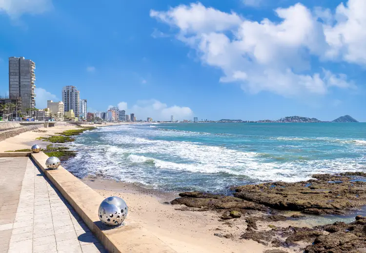 Famous Mazatlan sea promenade, El Malecon, with ocean lookouts, tourist beaches and scenic landscapes