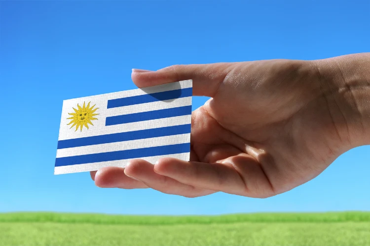 A hand holding Uruguay's flag against a clear blue sky.