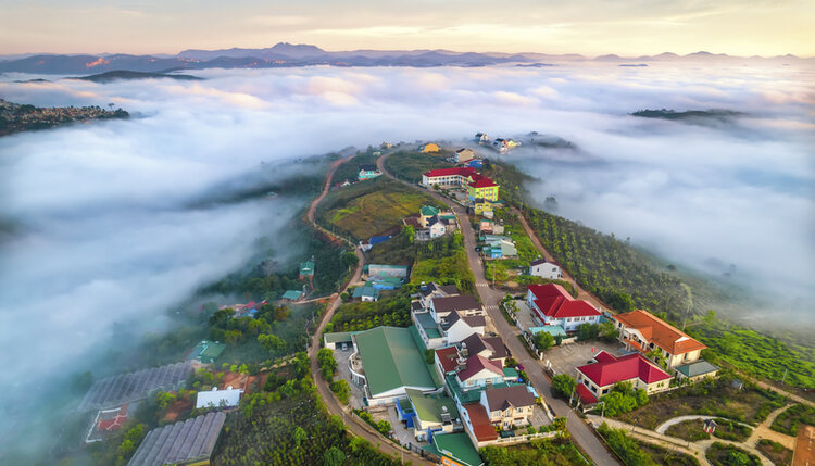 Aerial view of Da Lat, Vietnam, in the early morning.