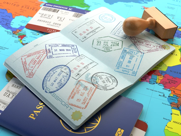 Opened passport with visa stamps. paphos