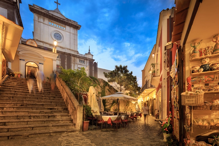 Night view of a church in Positano, Italy.