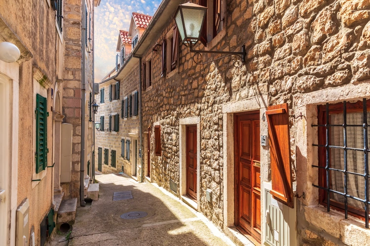 Narrow european street in the old town of Herceg Novi Montenegro