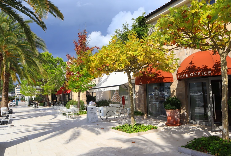 Street with shops in Tivat. Montenegro residency