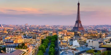 Skyline of Paris with Eiffel Tower in Paris, France