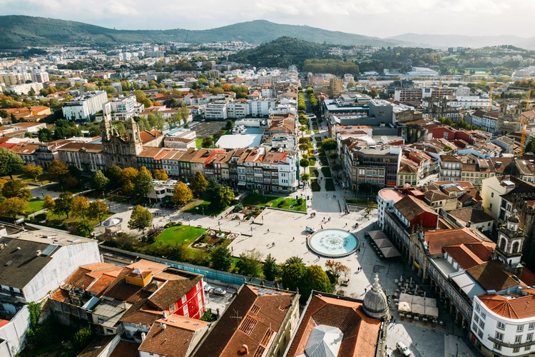 Aerial drone view of historic city of Braga in northern Portugal.