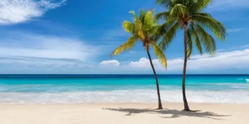 Tropical white sand beach with coco palms and the turquoise sea on Caribbean island. best options to establish residency