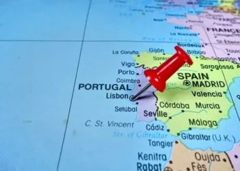 Pushpin marking on Lisbon, Portugal map. portugal facts