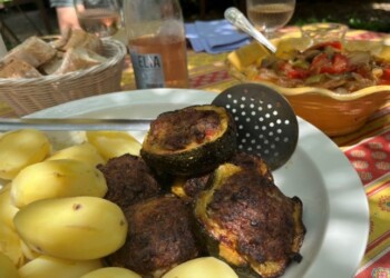 Lunch made by Laura: zucchini stuffed with duck confit, local potatoes, and homemade ratatouille.