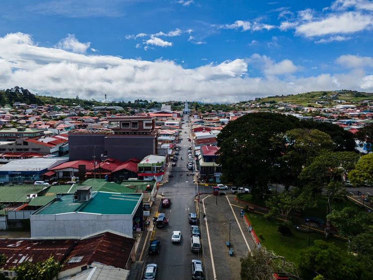 Aerial view of the San Ramon Church and town in Costa Rica