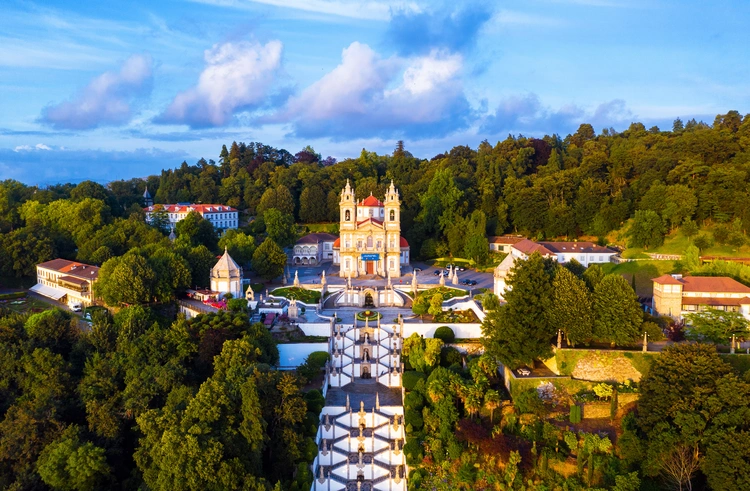 Aerial view of Bom Jesus do Monte Cathedral in Braga, Portugal during the evening