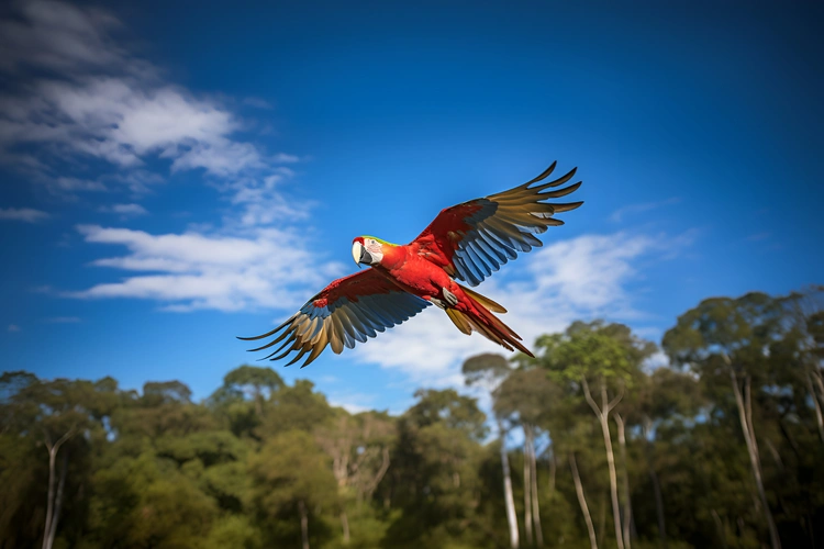 A Scarlet Macaw Flies in Front of a Clear Blue Sky. living in costa rica