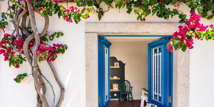 white walls, blue windows in a house