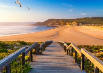 Wooden walkway to the beach Praia da Amoreira, District Aljezur, Algarve Portugal