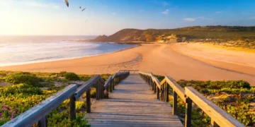 Wooden walkway to the beach Praia da Amoreira, District Aljezur, Algarve Portugal