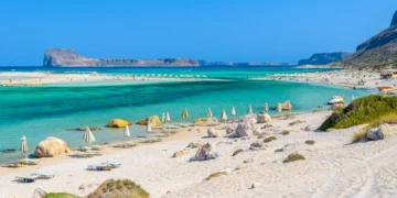 Umbrellas on Balos beach on Crete island, Greece
